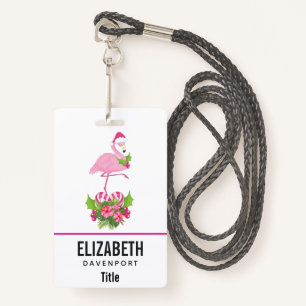 Pink Flamingo in Santa Hat with Candy Cane Bouquet Badge