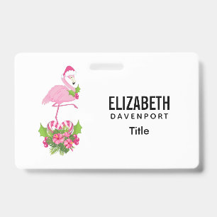 Pink Flamingo in Santa Hat with Candy Cane Bouquet Badge