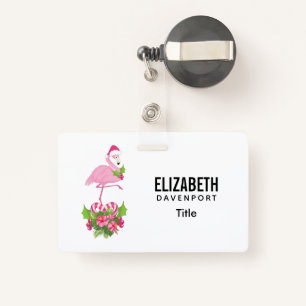Pink Flamingo in Santa Hat with Candy Cane Bouquet Badge
