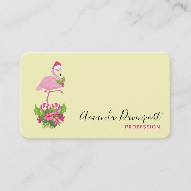 Pink Flamingo in Santa Hat with Candy Cane Bouquet Business Card (Front)