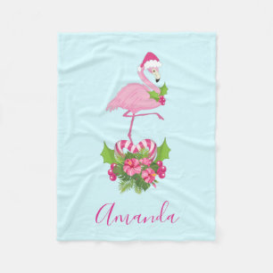 Pink Flamingo in Santa Hat with Candy Cane Bouquet Fleece Blanket