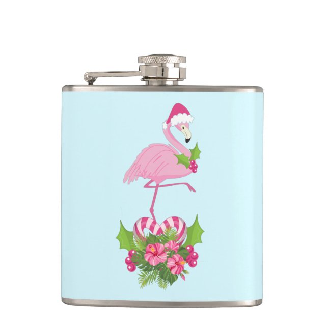 Pink Flamingo in Santa Hat with Candy Cane Bouquet Hip Flask (Front)