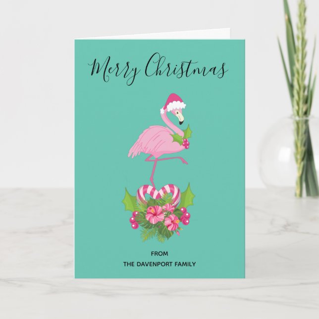 Pink Flamingo in Santa Hat with Candy Cane Bouquet Holiday Card (Front)
