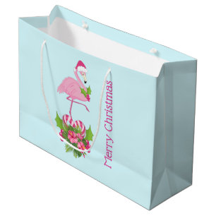 Pink Flamingo in Santa Hat with Candy Cane Bouquet Large Gift Bag