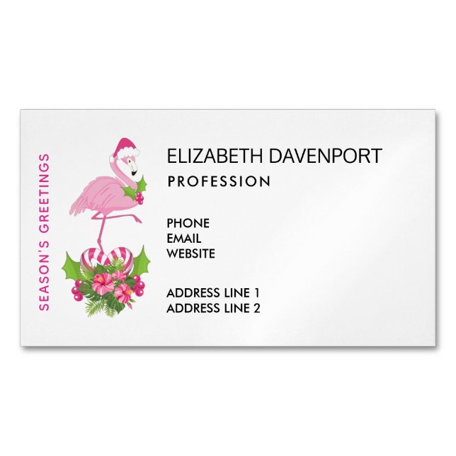 Pink Flamingo in Santa Hat with Candy Cane Bouquet Magnetic Business Card (Front)