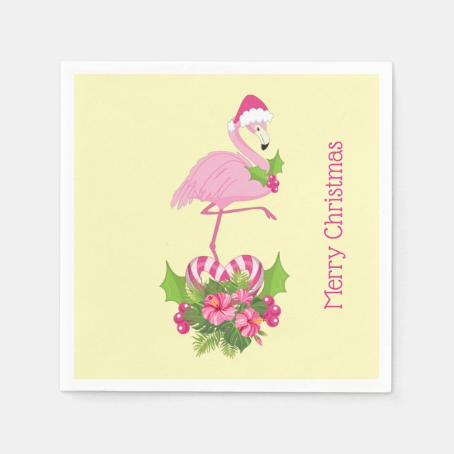 Pink Flamingo in Santa Hat with Candy Cane Bouquet Napkin (Front)