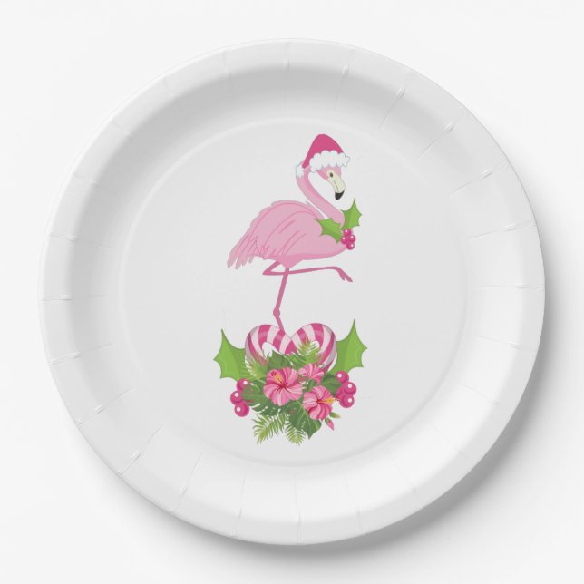 Pink Flamingo in Santa Hat with Candy Cane Bouquet Paper Plate (Front)