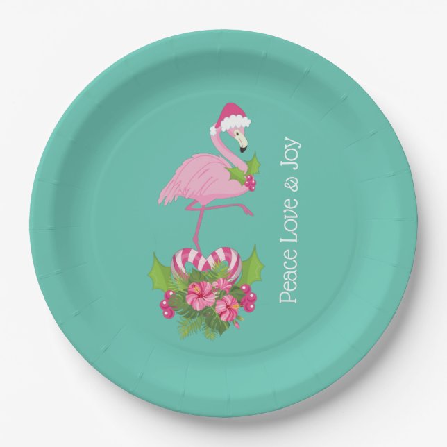 Pink Flamingo in Santa Hat with Candy Cane Bouquet Paper Plate (Front)