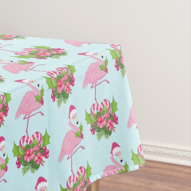 Pink Flamingo in Santa Hat with Candy Cane Bouquet Tablecloth (In Situ)