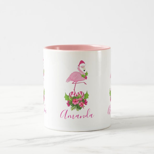 Pink Flamingo in Santa Hat with Candy Cane Bouquet Two-Tone Coffee Mug (Center)