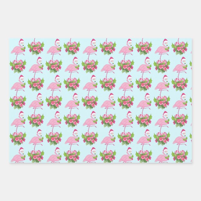Pink Flamingo in Santa Hat with Candy Cane Bouquet Wrapping Paper Sheet (Front)