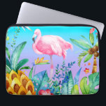 Pink Flamingo In Tropical Forest Laptop Sleeve<br><div class="desc">Cute very light pink and white flamingo watercolors illustration with colourful tropical flowers and trees design. Purple and turquoise gradient background image.</div>