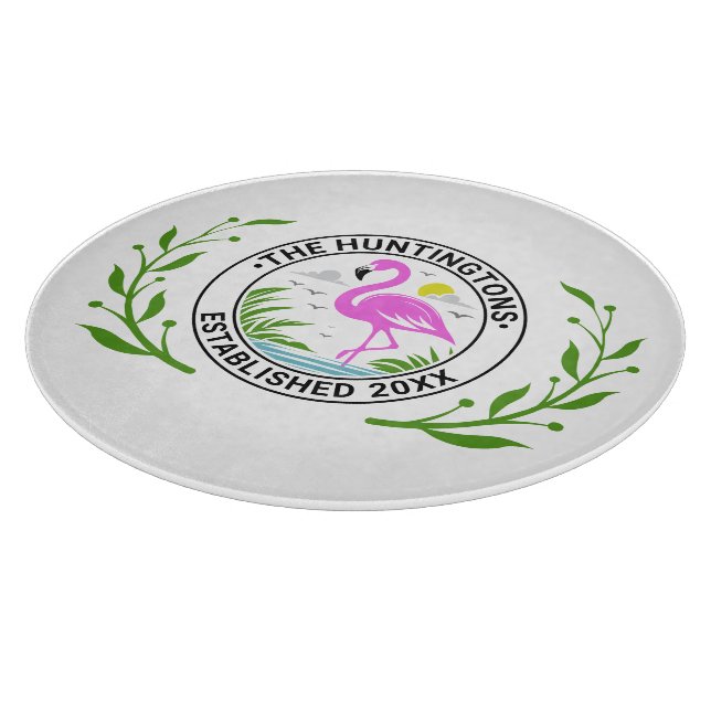 Pink Flamingo in Water Family Name Date Estd #1CW Cutting Board (Corner)