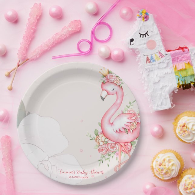 Pink Flamingo It's a Girl Baby Shower Round Paper Plate (Party)
