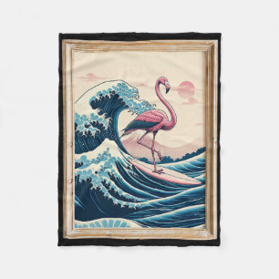Pink Flamingo Japanese Great Wave Surfer - Funny B Fleece Blanket
