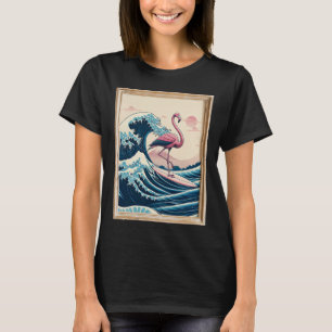Pink Flamingo Japanese Great Wave Surfer - Funny B T-Shirt