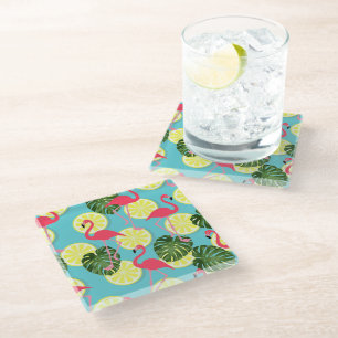 Pink Flamingo Lemon Slice Tropical Leaf Glass Coaster