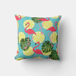 Pink Flamingo Lemon Slice Tropical Leaf Reversible Throw Pillow