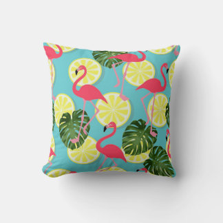 Pink Flamingo Lemon Slice Tropical Leaf Reversible Throw Pillow