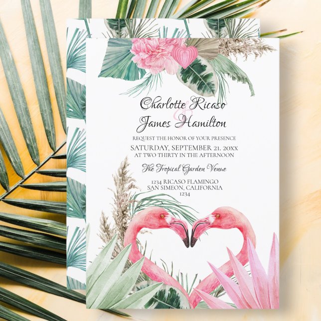 Pink Flamingo Love Heart Tropical Floral Wedding Invitation (Creator Uploaded)