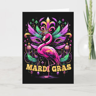 Pink Flamingo Mardi Gras Crown And Beads Mask Carn Card