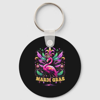 Pink Flamingo Mardi Gras Crown And Beads Mask Carn Keychain