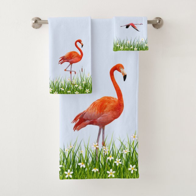 Pink Flamingo & Meadow with Flowers on Light Blue  Bath Towel Set (Insitu)