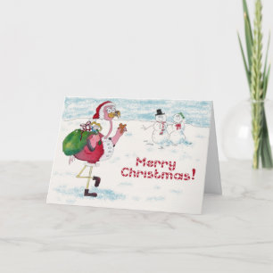 Pink Flamingo Merry Christmas Snowman Santa Card