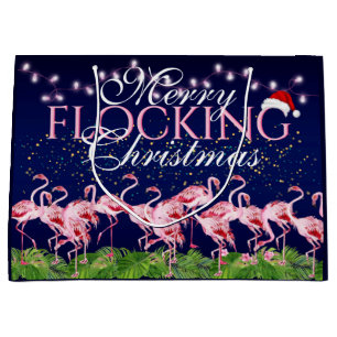 Pink Flamingo Merry Flocking Christmas Flamingos Large Gift Bag