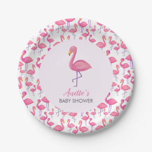 Pink Flamingo Modern Baby Shower Paper Plate