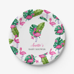 Pink Flamingo Modern Baby Shower Paper Plate