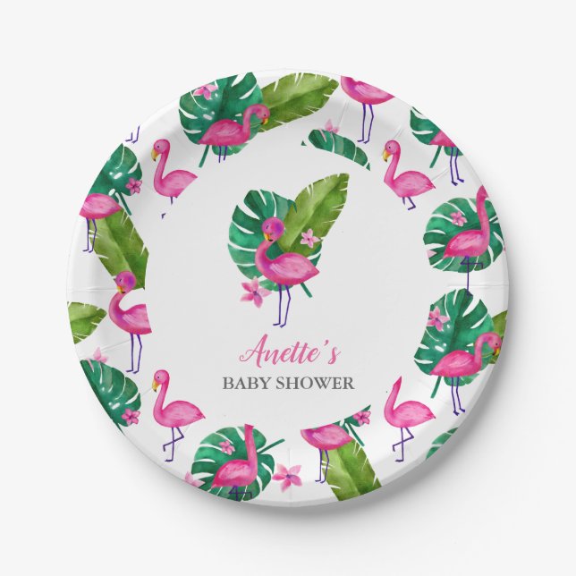 Pink Flamingo Modern Baby Shower Paper Plate (Front)