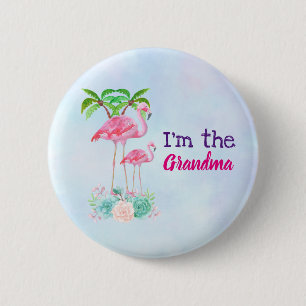 Pink Flamingo Momma & Baby with Palm Trees 2 Inch Round Button