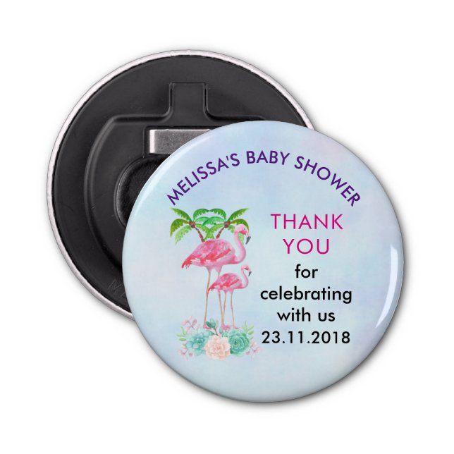 Pink Flamingo Momma & Baby with Palm Trees Bottle Opener (Front)