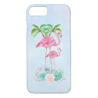 Pink Flamingo Momma & Baby with Palm Trees