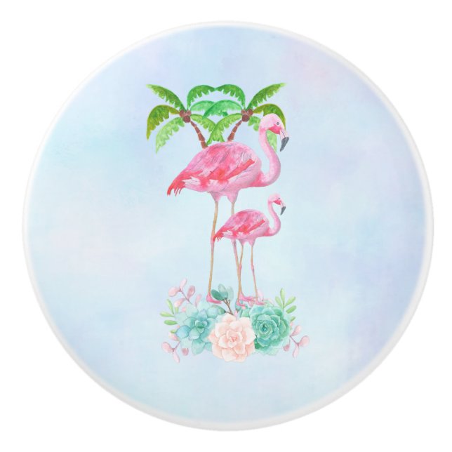 Pink Flamingo Momma & Baby with Palm Trees Ceramic Knob (Front)