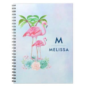Pink Flamingo Momma & Baby with Palm Trees Custom Notebook