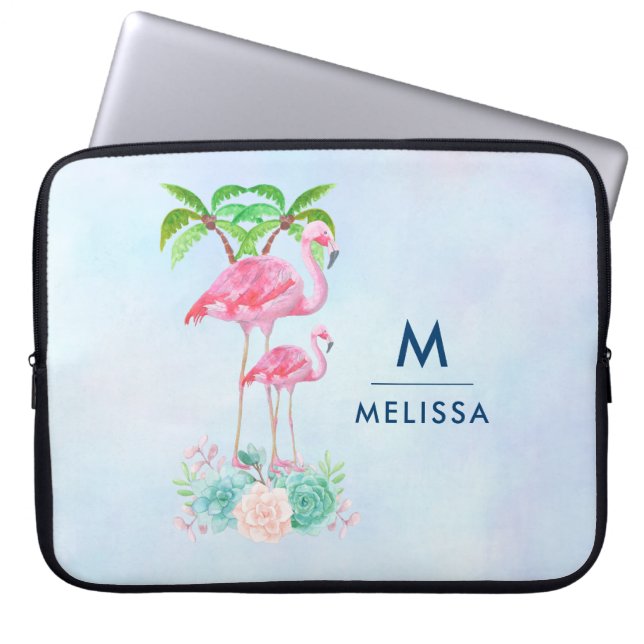 Pink Flamingo Momma & Baby with Palm Trees Laptop Sleeve (Front)