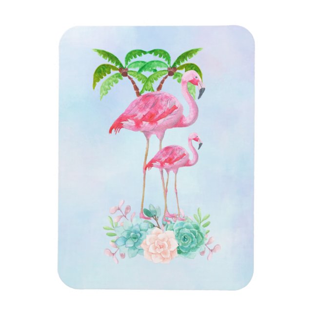 Pink Flamingo Momma & Baby with Palm Trees Magnet (Vertical)