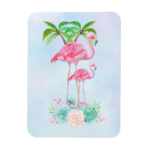 Pink Flamingo Momma & Baby with Palm Trees Magnet