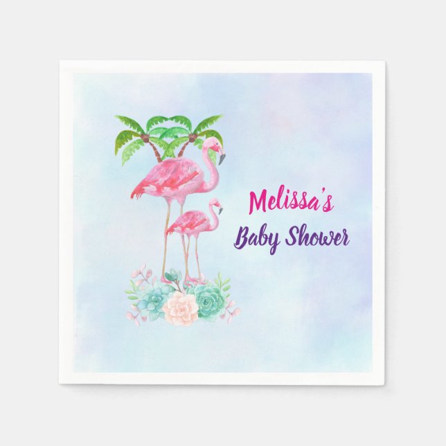 Pink Flamingo Momma & Baby with Palm Trees Napkin (Front)