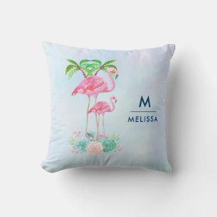 Pink Flamingo Momma & Baby with Palm Trees Throw Pillow