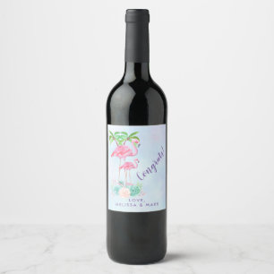 Pink Flamingo Momma & Baby with Palm Trees Wine Label