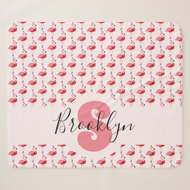 Pink Flamingo Monogram Animal Santa Christmas Sherpa Blanket (Front (Horizontal))