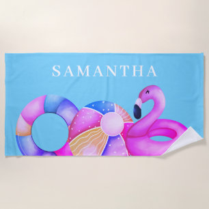 Pink Flamingo Name Beach Towel