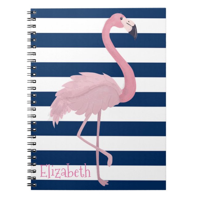 Pink Flamingo, Navy Blue Stripes-Personalized Notebook (Front)