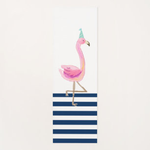 Pink Flamingo Navy Blue White Stripes Yoga Mat