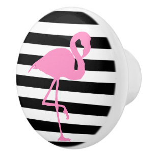 Pink Flamingo on Black and White Stripes Ceramic Knob