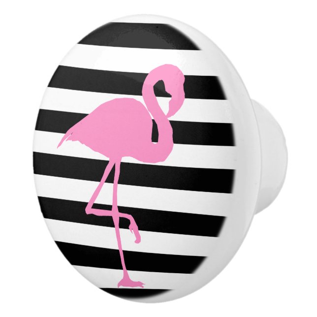 Pink Flamingo on Black and White Stripes Ceramic Knob (Right)