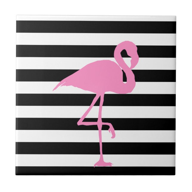 Pink Flamingo on Black and White Stripes Tile (Front)